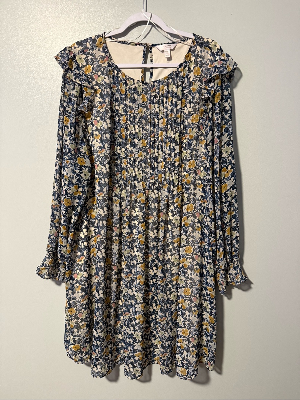 LC Lauren Conrad Cream Dress with Blue and Mustard Floral Print